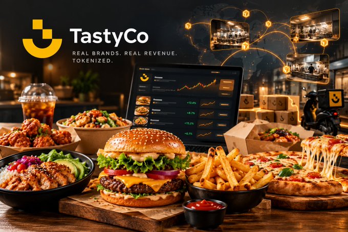 A promotional image for "TastyCo" with the tagline "REAL BRANDS. REAL REVENUE. TOKENIZED." featuring a variety of foods like burgers, pizza, fries, and fried chicken alongside a laptop showing a stock chart interface and a global network graphic.