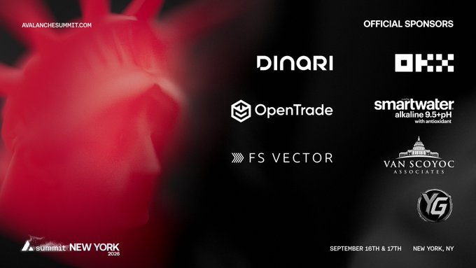 The image displays the official sponsors of Avalanche Summit NY 2026, taking place September 16th & 17th in New York, NY, featuring logos for Dinari, OKX, OpenTrade, smartwater, FS Vector, Van Scoyoc Associates, and YG, set against a dark background with a red anatomical heart graphic.