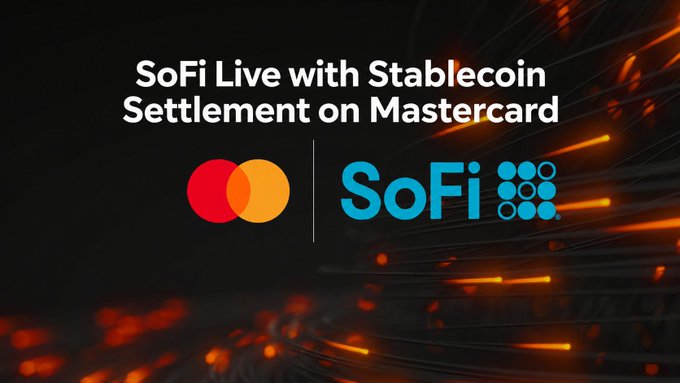 A promotional graphic features the text "SoFi Live with Stablecoin Settlement on MasterCard" alongside the logos for both companies against a dark, dynamic background.