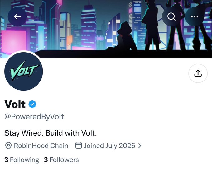 This is a Twitter profile for "@PoweredByVolt", featuring their logo and a futuristic cityscape background. The profile indicates they are on "RobinHood Chain" and joined in "July 2026," hinting at their upcoming NFT collection launch on Robinhood as mentioned in the post.