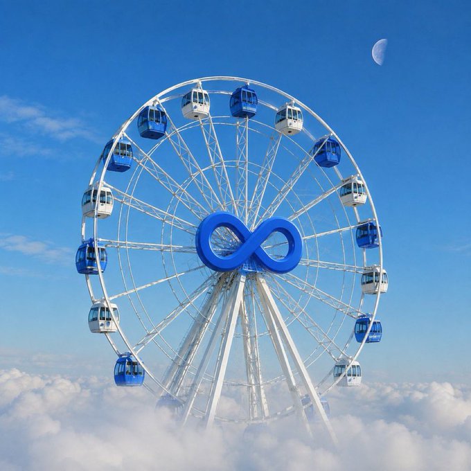 A digital illustration of a white Ferris wheel with blue and white gondolas, featuring a blue infinity symbol at its center, set against a blue sky with clouds and a crescent moon.