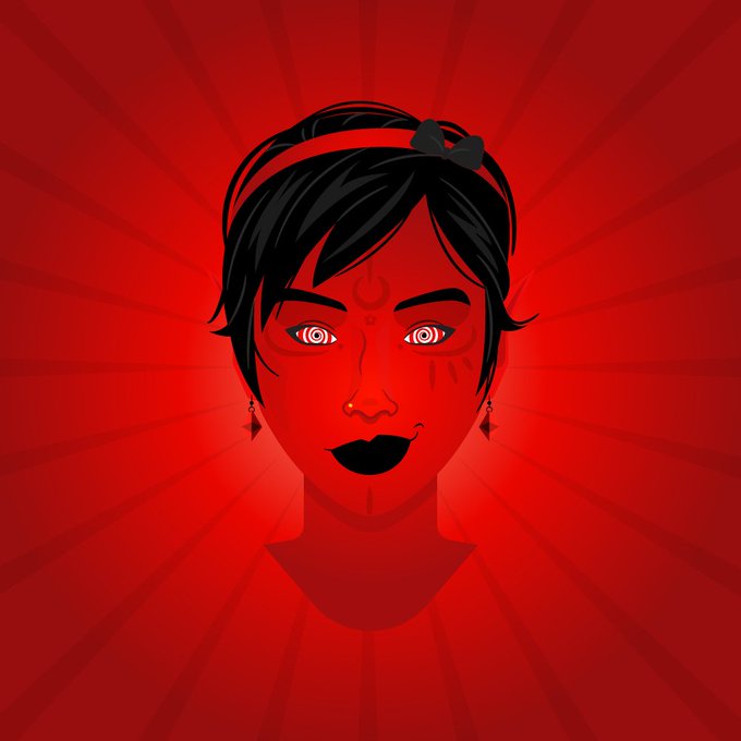 A stylized digital illustration of a red-tinted woman's face with short black hair, a red headband with a bow, hypnotic spiral eyes, and dark lipstick against a red radial background.