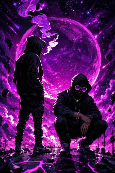 A digital artwork featuring two hooded figures in black outfits against a vibrant purple cosmic background with a large planet and swirling clouds of smoke.