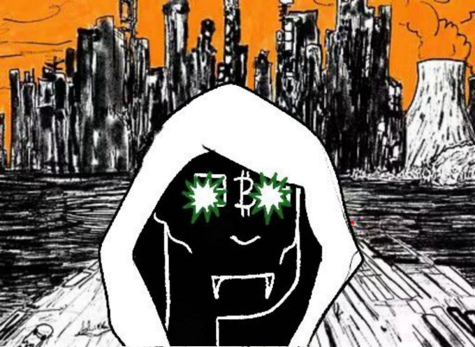 A stylized black and white illustration of a hooded figure with a Bitcoin logo for a face, set against an orange sky and dark, ruined cityscape.