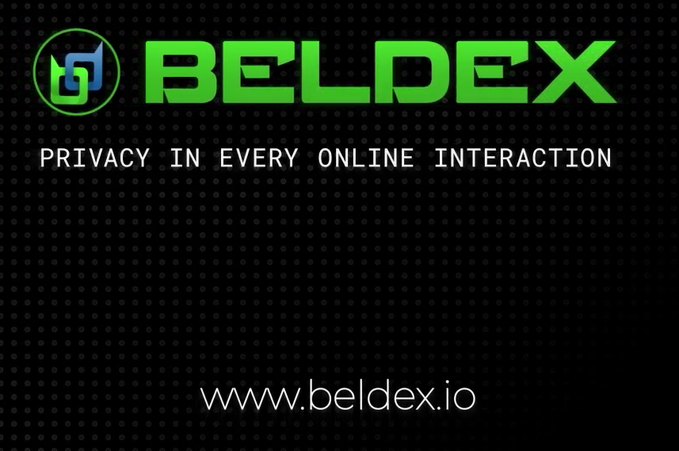 A Beldex advertisement on a black dotted background featuring the green Beldex logo and tagline 'PRIVACY IN EVERY ONLINE INTERACTION' with 'www.beldex.io'.