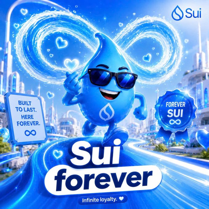 A promotional image for 'Sui forever' featuring a cheerful blue water droplet mascot wearing sunglasses, surrounded by hearts and infinity symbols, with the tagline 'Infinite loyalty' and signs reading 'Built to last. Here forever.' and 'Forever Sui.'