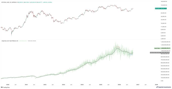 The image features a Bitcoin/USD candlestick price chart (top, showing BTCUSD at ~$82,400) alongside a "Hash Ribbons" chart displaying cryptocurrency network hash rate (bottom), with the green line showing Hash Rate at approximately 1,026,587,300 GH/s recovering from a recent capitulation event. This visual supports the post's claim of a historic miner capitulation event and the first signs of hash rate growth since 2025.
