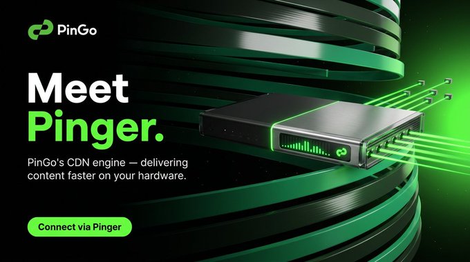 An advertisement for 'PinGo' introduces 'Pinger', described as a CDN engine delivering content faster on hardware, featuring a black server device with green lights against a green background.