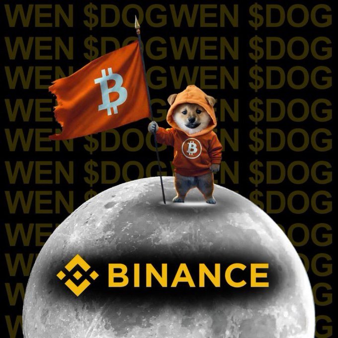 A Shiba Inu dog in an orange Bitcoin hoodie triumphantly plants a Bitcoin flag on the moon, with "$DOG" and "WEN" repeatedly stamped across the black background and the Binance logo prominently displayed on the lunar surface—urging the crypto exchange to list the $DOG ticker.