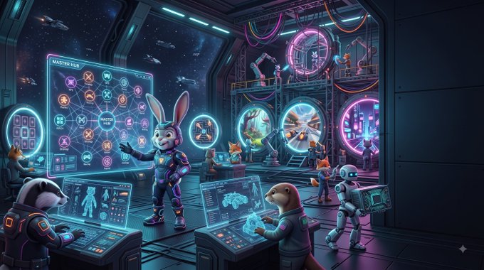 A futuristic, sci-fi interior scene featuring anthropomorphic animals in spacesuits interacting with advanced holographic control panels and robotic devices in a neon-lit space station.