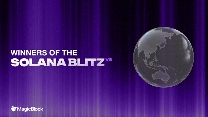 A promotional graphic on a purple background announcing 'WINNERS OF THE SOLANA BLITZ V8' by MagicBlock, featuring a translucent globe.