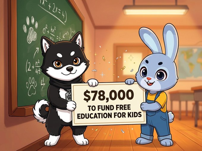 An animated husky and rabbit mascot stand in a classroom holding a sign reading "$78,000 TO FUND FREE EDUCATION FOR KIDS," visually representing a donation to support Giggle Academy's mission of providing free education for children, as referenced in the accompanying post about MAME token contributions.