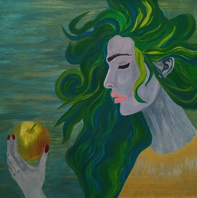 A painting of a pale-skinned woman with flowing green and blue hair, eyes closed, holding a yellow apple against a teal background.