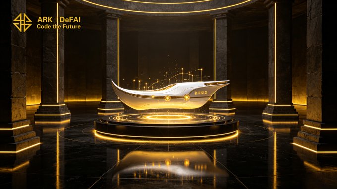 A glowing golden boat floats on a luminous circular platform within a dark, columned temple, with the "ARK | DeFAI" logo and "Code the Future" tagline in the top left corner. The vessel symbolizes ARK's role as a carrier of ideas, reflecting how Arkie AI App transforms inspiration and tasks into tangible progress for the ecosystem.