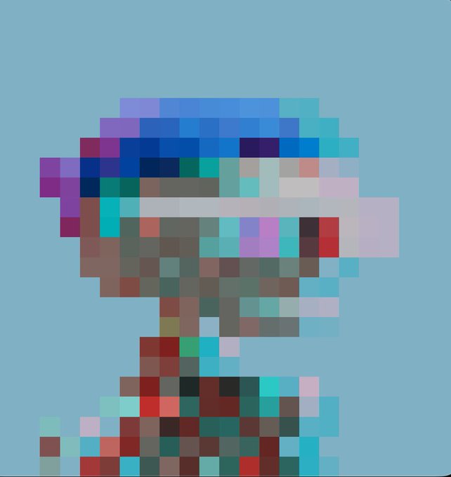 A low-resolution, pixelated digital artwork depicts a stylized character with vibrant blue hair and a red and brown outfit, rendered as an NFT against a solid light blue background. The image exemplifies the unique, animation-capable Argonaut NFT referenced in the post, showcasing its colorful, blocky aesthetic typical of generative on-chain art.