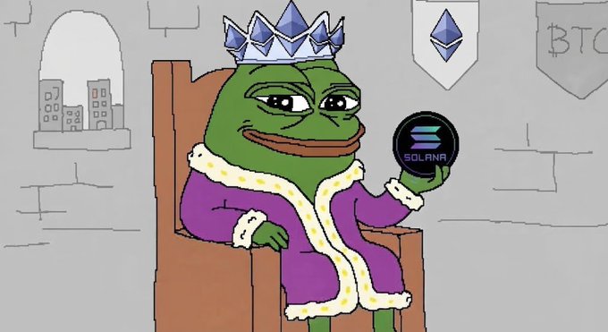 A cartoon frog wearing a crown and royal robes sitting on a throne, holding a 'SOLANA' coin, with 'BTC' visible on a banner in the background.