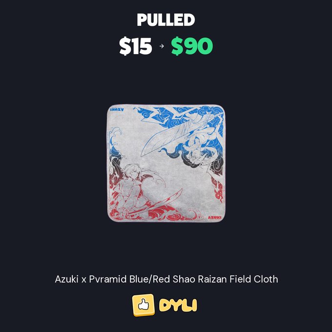 A graphic shows an 'Azuki x Pyramid Blue/Red Shao Raizan Field Cloth' that was pulled for $15 and sold for $90 on the OYLI platform.