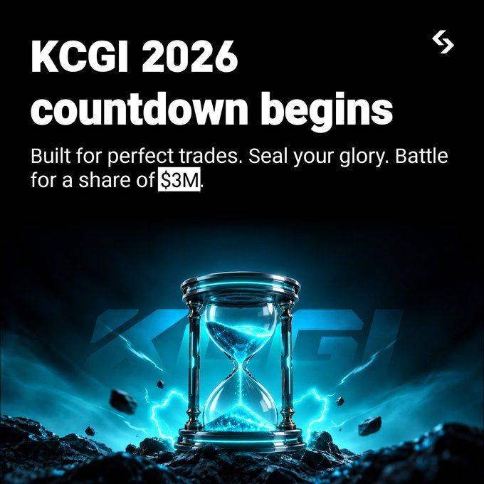 A promotional graphic announcing the "KCGI 2026 countdown begins" with the tagline "Built for perfect trades. Seal your glory. Battle for a share of $3M," featuring a glowing hourglass amid blue lightning and rocky terrain, matching the post's message of the competition starting in 3 days with 3,000,000 USDT in rewards up for grabs.