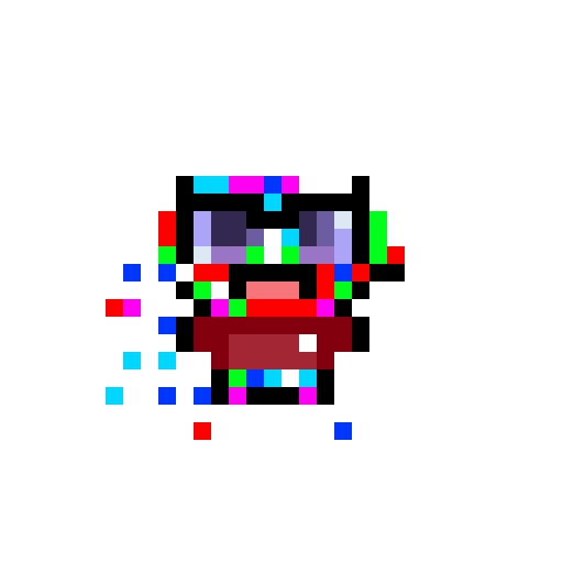 A pixel art character resembling a cute white-haired figure with sunglasses, a red scarf, and a colorful glitchy body design on a black background.