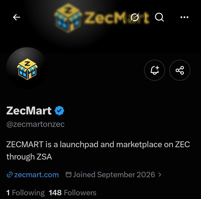 Screenshot of ZecMart's (@zecmartonzec) verified Twitter/X profile, showing a launchpad and marketplace on ZEC through ZSA with 148 followers, having joined in September 2026. The image complements the post promoting ZecMart as an early alpha project offering free mint (supply 555) and seeking whitelist spots.
