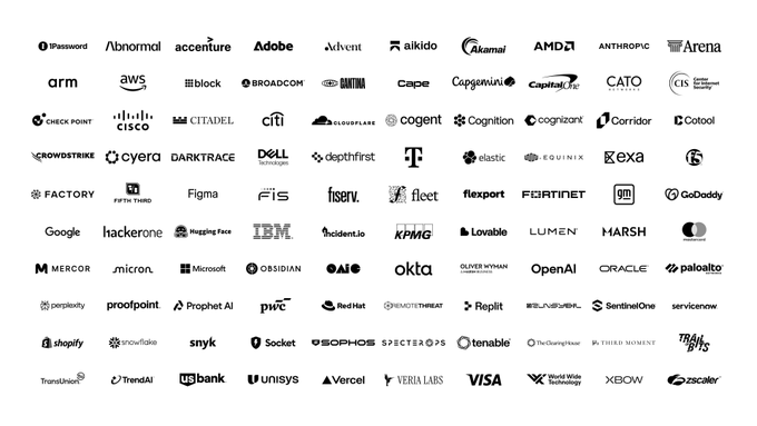 A grid of black and white company logos including 1Password, Abnormal, Accenture, Adobe, AWS, Anthropic, OpenAI, Microsoft, Google, and Visa, among many others.