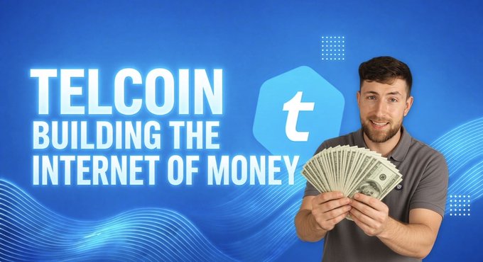 A man holds a fan of cash next to text reading 'TELCOIN BUILDING THE INTERNET OF MONEY' with the Telcoin logo on a blue background.