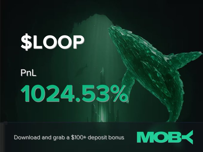 A promotional graphic for Moby Mobile features a green whale underwater alongside bold text highlighting "$LOOP" with an impressive PnL of "1024.53%," promoting a "$100+ deposit bonus" download offer — visually celebrating the trader's massive gain mentioned in the post.