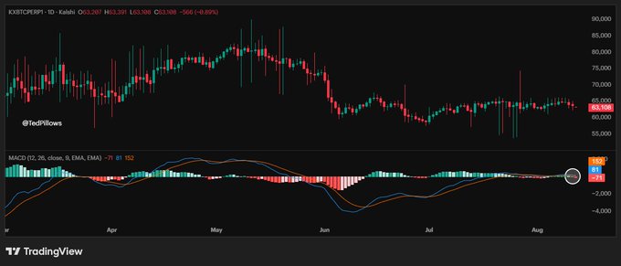 A TradingView chart of the KBXTCPEER1 daily candlestick shows Bitcoin (XBTCPERP1) trading at $63,208, down $566 (-0.89%), with the MACD indicator (12, 26, close, 9) at -71.81/152 indicating bearish momentum—visually supporting the claim of weakening BTC strength and the potential for a drop toward the $60,500-$61,000 support zone before any reversal.