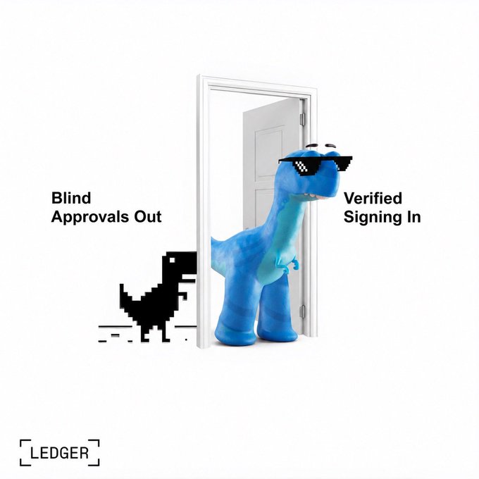 A Ledger crypto wallet advertisement features a blue inflatable dinosaur wearing pixel sunglasses emerging from a doorway, contrasted with a pixelated dinosaur, captioned 'Blind Approvals Out' and 'Verified Signing In.'