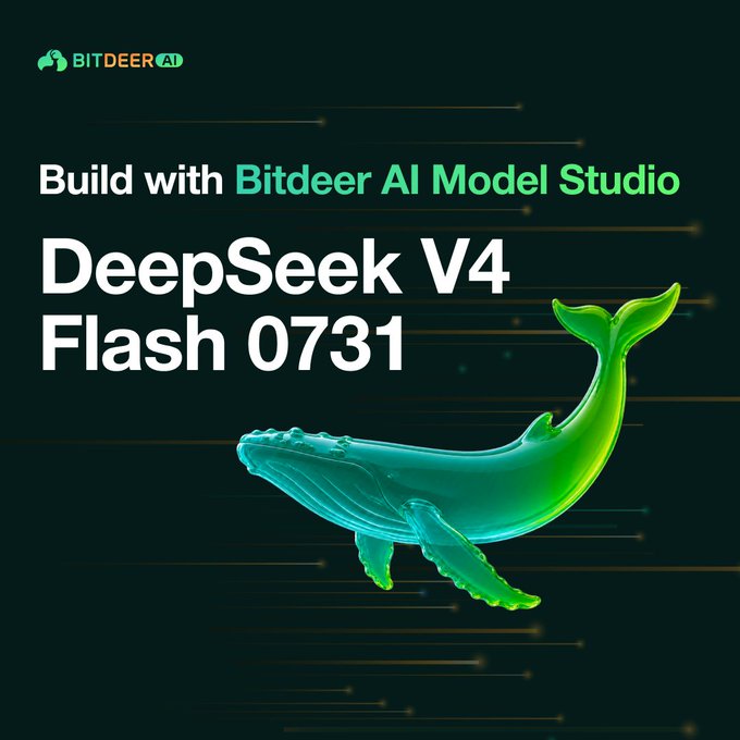 A promotional graphic with a dark background featuring a teal whale logo and text reading 'Build with Bitdeer AI Model Studio DeepSeek V4 Flash 0731'.