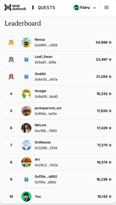 The image shows a phone screen displaying a leaderboard for Quip network's gaming platform. The leaderboard lists various players' names along with their respective scores or ranks. The text on the screen reads "quip network", "Leaderboard", and "Focus on what is in the image and how it relates to the post". This suggests that the image might be related to a discussion about Quip's gaming platform, specifically its leaderboard performance or user engagement.