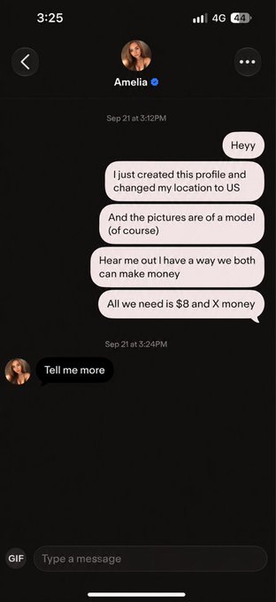 A chat conversation screenshot from an app shows messages from 'Amelia' offering a money-making scheme requiring $8 and 'X money', with the reply 'Tell me more'.