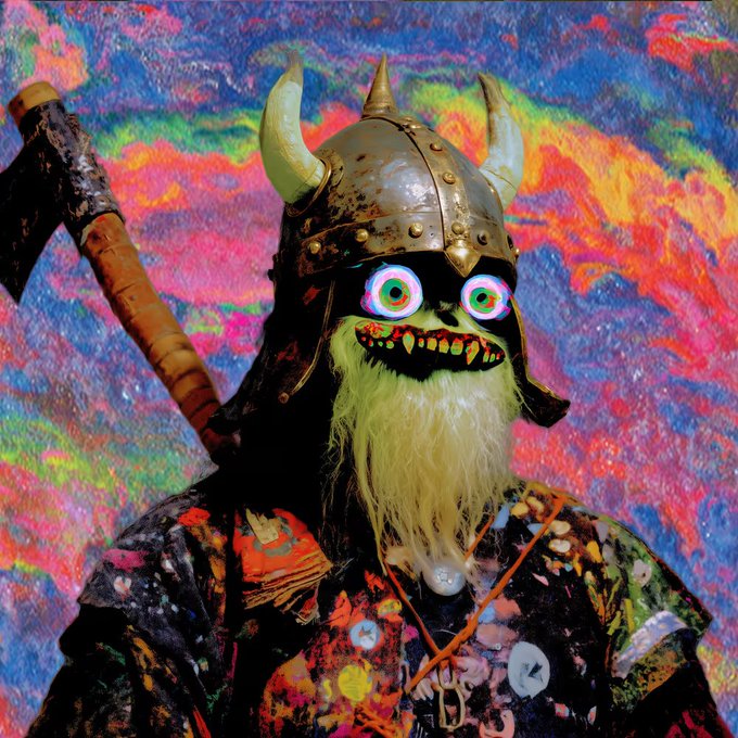 A figure in a viking helmet with horns and a colorful patched jacket has googly-eyed, psychedelic face features with a long white beard, set against a vibrant, swirling rainbow background.