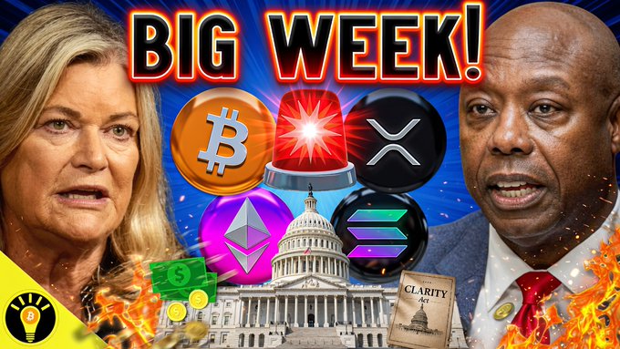 A YouTube thumbnail featuring a woman and man flanking cryptocurrency symbols (Bitcoin, Ethereum, XRP, Solana) and a flashing siren, with the U.S. Capitol building, money, and a "CLARITY Act" document at the bottom, all under the bold text "BIG WEEK!" — promoting urgent crypto news about the CLARITY Act's signing timeline in the Senate and House.