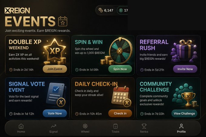 An "XREIGN EVENTS" dashboard interface showing various promotional panels including Double XP Weekend, Spin & Win, Referral Rush, Signal Vote Event, Daily Check-in, and Community Challenge, each with countdown timers and action buttons.