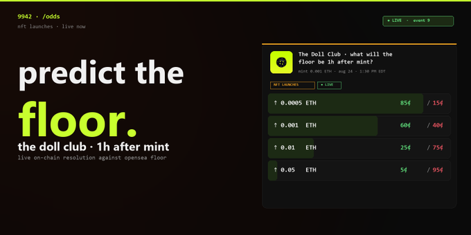 A promotional graphic for a cryptocurrency prediction game reads 'predict the floor' and 'the doll club • 1h after mint,' showing live on-chain resolution odds against the OpenSea floor in ETH for event 9, starting at 1:30 PM EDT.