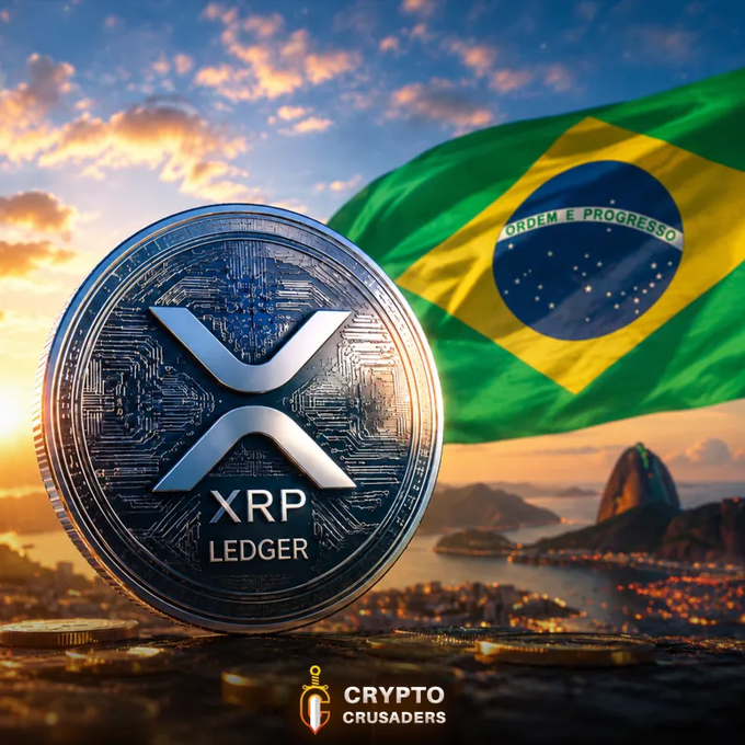 An XRP Ledger coin displayed in front of the Brazilian flag with a sunset cityscape in the background, branded with 'Crypto Crusaders'.