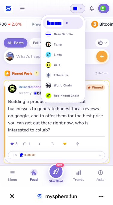 Screenshot of the 'mysphere.fun' social media platform showing a network selection menu with options like Base Sepolia, Camp, Linea, Celo, Ethereum, World Chain, and Robinhood Chain, over a pinned post from '0xlaszloleona' about building a product.