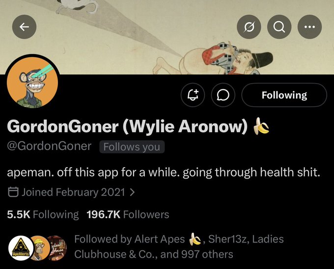 The image shows a Twitter post with a caption that reads "The biggest Legend @ GordonGoner (Wylie Aronow) followed me years before I even bought my ape". The post also mentions that the account was created by GordonGoner, who is known for his role as the founder of Bayc.