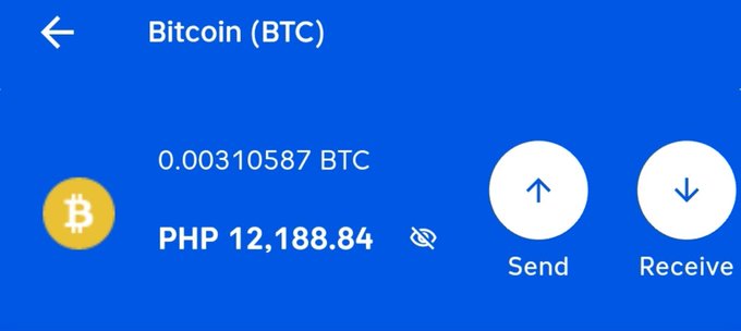 A digital wallet interface displays a Bitcoin (BTC) balance of 0.00310587 BTC, equivalent to PHP 12,188.84, with Send and Receive options on the right.