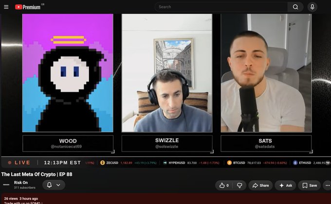 A YouTube live stream of 'The Last Meta Of Crypto | EP 88' featuring three hosts: WOOD, SWIZZLE, and SATS.