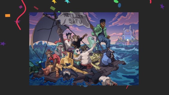 A colorful illustration depicting a diverse group of characters on a makeshift raft sailing on stylized blue waves, with one figure holding a flag reading "NFTs ARE SAFU" as a futuristic city looms in the background.