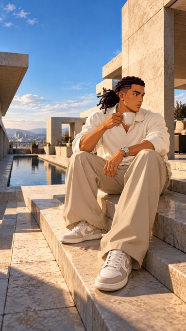 A digital illustration of a young man with dreadlocks wearing a beige shirt and pants with white sneakers, sitting on stone steps of a modern architectural structure while holding a coffee cup, with a cityscape and pool visible in the background.