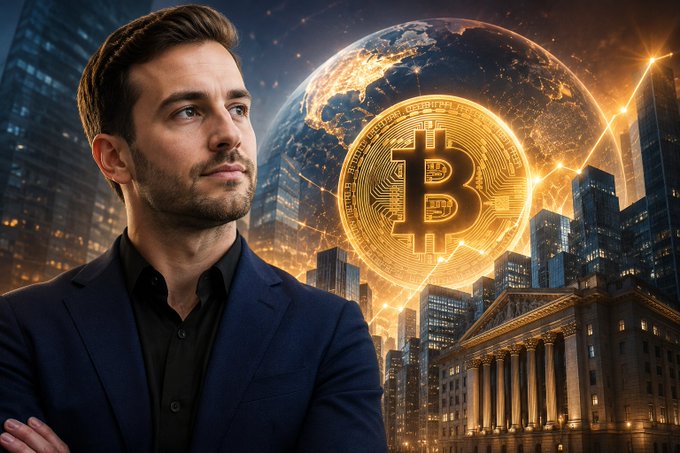 A digitally composed promotional image featuring a man in a dark suit looking thoughtfully at a glowing golden Bitcoin symbol superimposed over Earth and a nighttime cityscape.