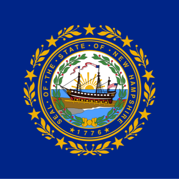 The image shows the flag of New Hampshire, featuring a blue field with the state seal in the center. The seal includes a ship, the text "SEAL OF THE STATE OF NEW HAMPSHIRE," and the year "1776," surrounded by nine stars within a laurel wreath.

The image relates to the post as it depicts New Hampshire's state flag, providing visual context to news that state lawmakers are considering legislation to authorize $100 million in Bitcoin-backed bonds.