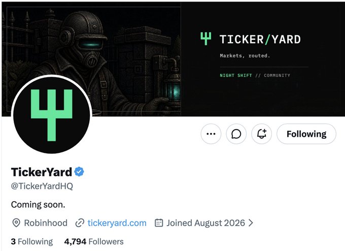 The image shows the Twitter/X profile of "TickerYard" (@TickerYardHQ), a verified account with 4,794 followers, featuring a dark post-apocalyptic style banner showing a figure in a gas mask beside a lantern, along with the tagline "Markets, routed" and "Coming soon." The profile relates to the post by serving as the official Robinhood Alpha account announcement for the Yardkeeper NFT collection (3,333 NFTs with ERC-6551 token-bound accounts) and the $YARD token launch.