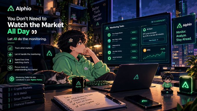 An anime-style promotional image for 'Alphio' cryptocurrency monitoring tool featuring 'You Don't Need to Watch the Market All Day' tagline with an anime character at a desk with monitoring screens showing BTC price information and AI alerts.