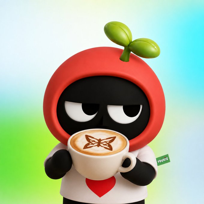 A 3D-rendered character with a tomato-like red head and green sprout on top, wearing a white shirt with a red heart, holding a coffee cup with butterfly latte art, branded 'YOUKIE'.
