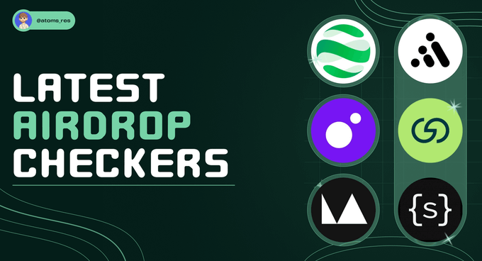 A graphic banner titled "LATEST AIRDROP CHECKERS" by atoms_res displays six circular logos for crypto projects including DAPPOS, MoonPay, and LiveArt, promoting ways to verify eligibility for current cryptocurrency airdrop opportunities.