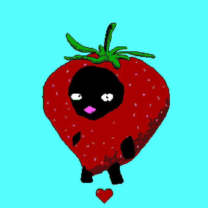 A cute pixel-art strawberry character with a black face, big eyes, and pink tongue stands on a cyan background, dropping a small red heart. The whimsical NFT-style illustration aligns with the post's enthusiastic caption promoting the "meo" collection on OpenSea.